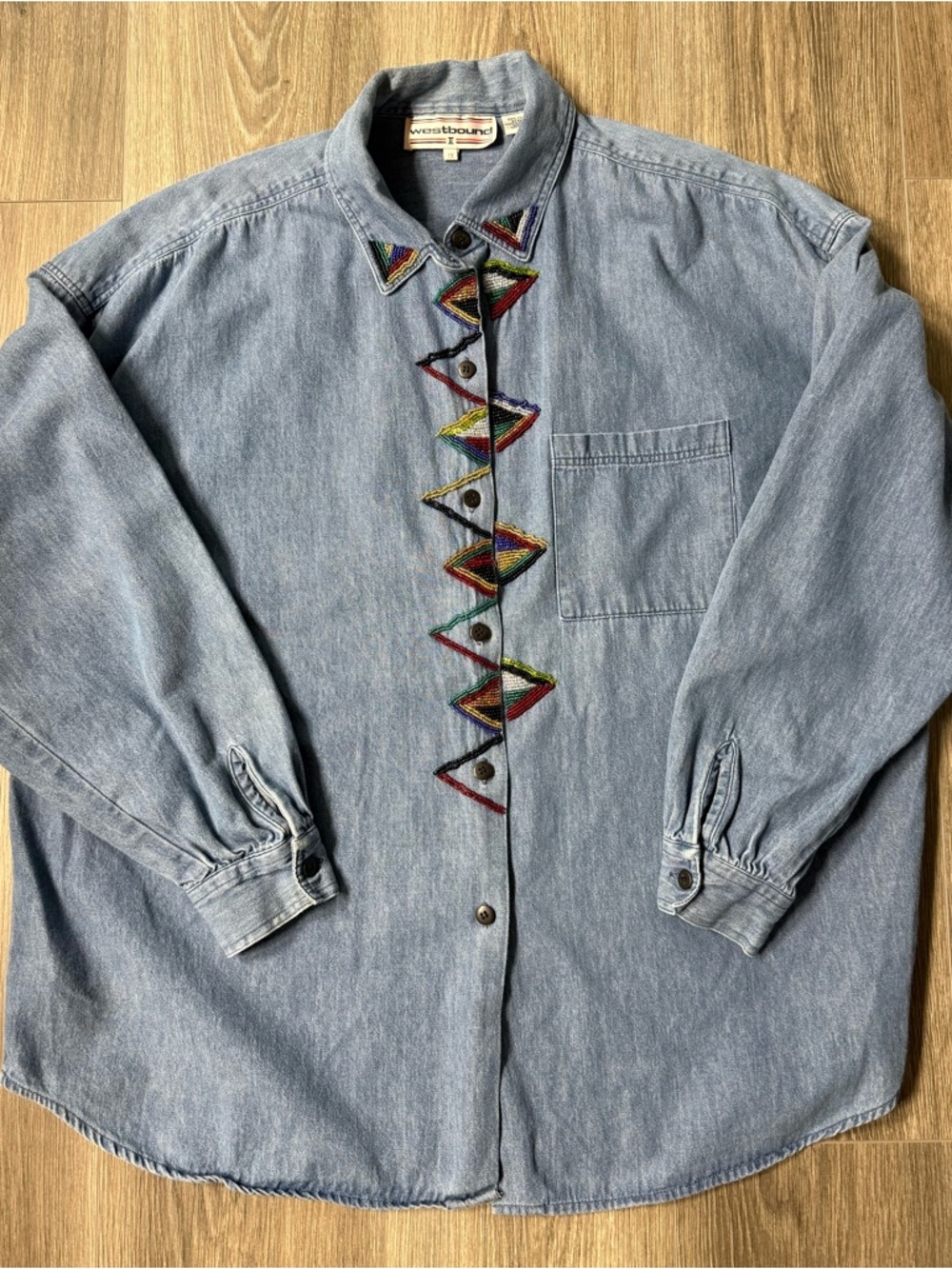 Vintage Women’s Button Down Beaded Shirt 1X Aztec Southwestern Cowgirl Boho